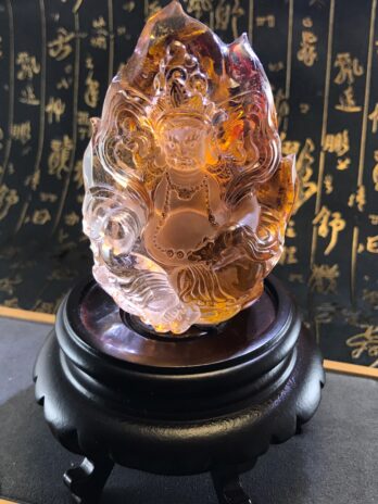 天然紅膠花財神雕件(附座)